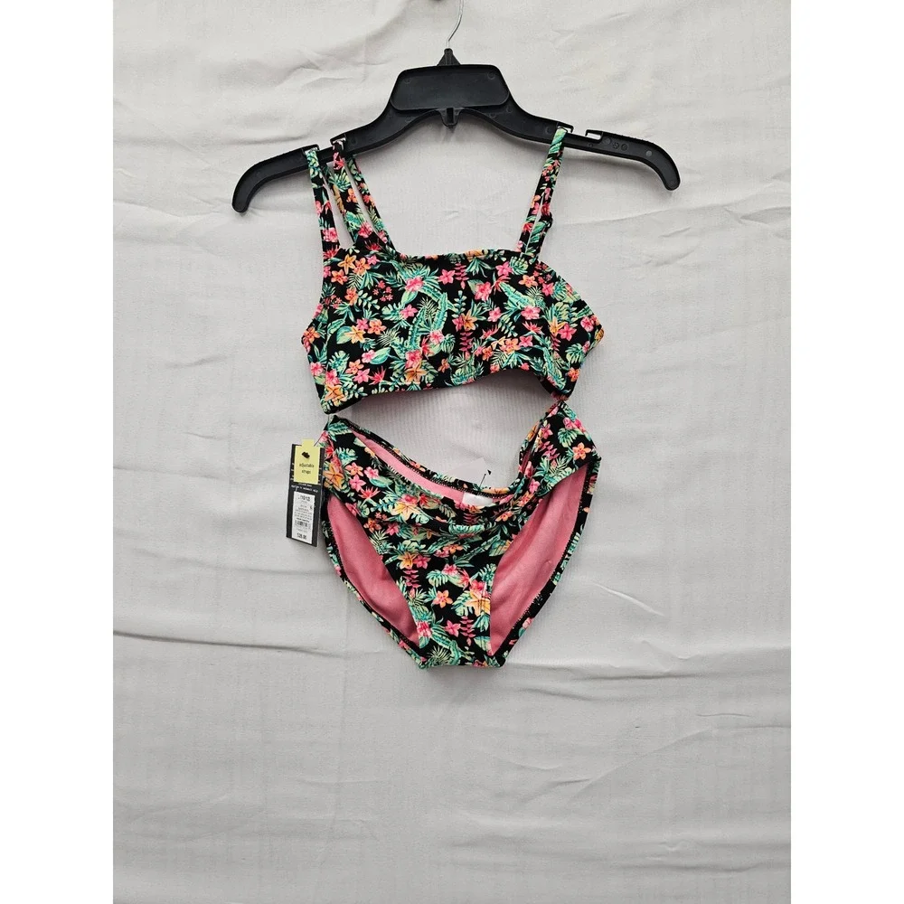 Art Class Girls Tropical Floral Bikini Set Black Pink‎ Size L 10/12 NWT 3 Piece
